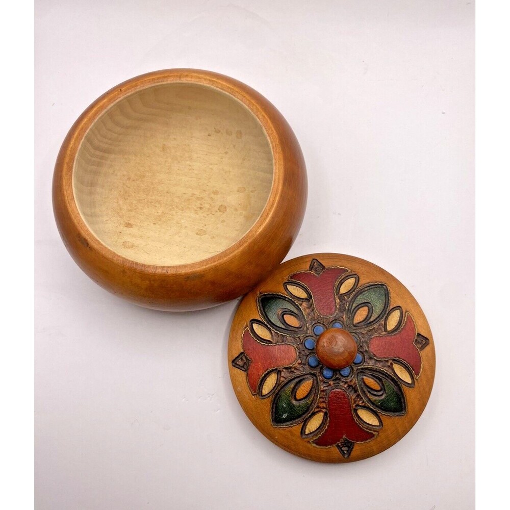 Round Hand Carved Wooden Painted Trinket Box Used - Picture 5 of 8